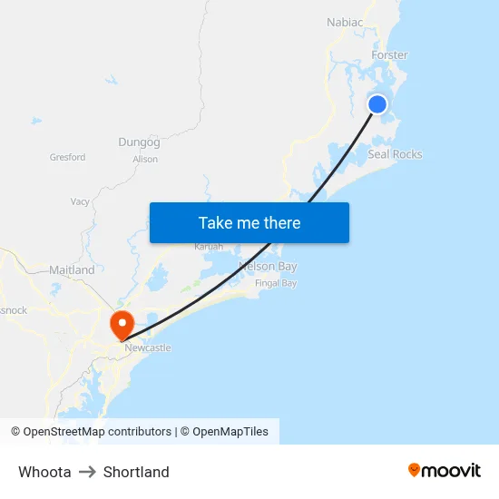 Whoota to Shortland map