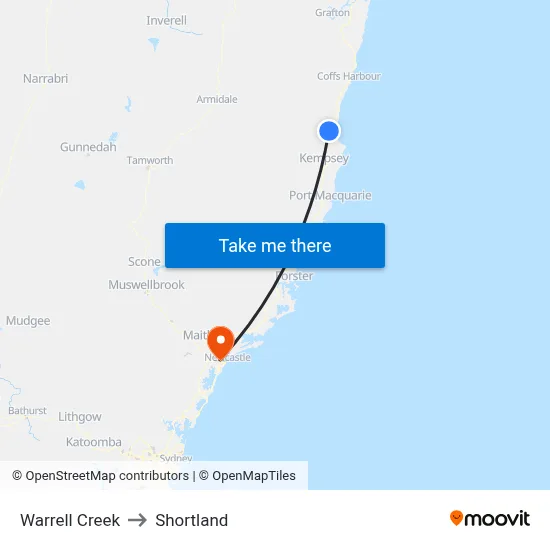 Warrell Creek to Shortland map