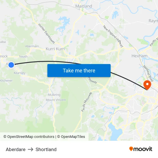 Aberdare to Shortland map