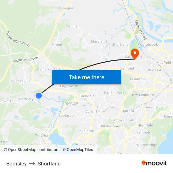 Barnsley to Shortland map