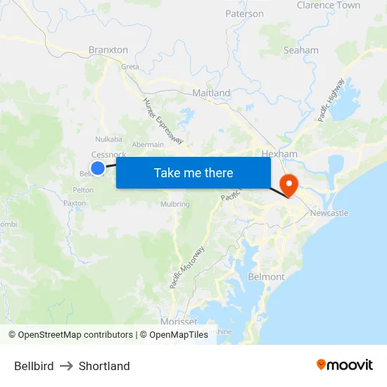Bellbird to Shortland map