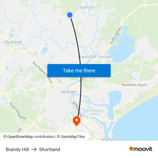 Brandy Hill to Shortland map