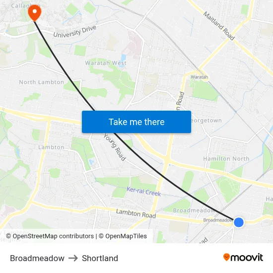 Broadmeadow to Shortland map