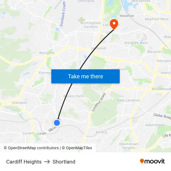 Cardiff Heights to Shortland map