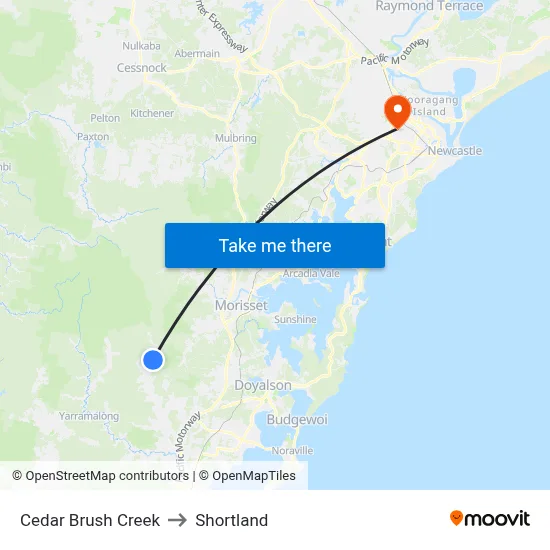 Cedar Brush Creek to Shortland map