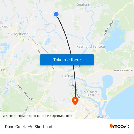 Duns Creek to Shortland map