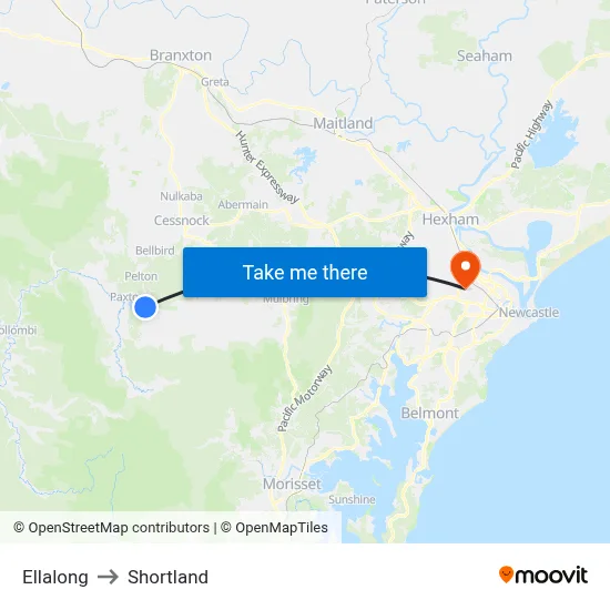 Ellalong to Shortland map