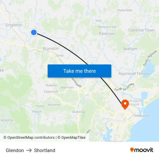 Glendon to Shortland map