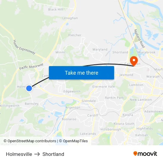Holmesville to Shortland map