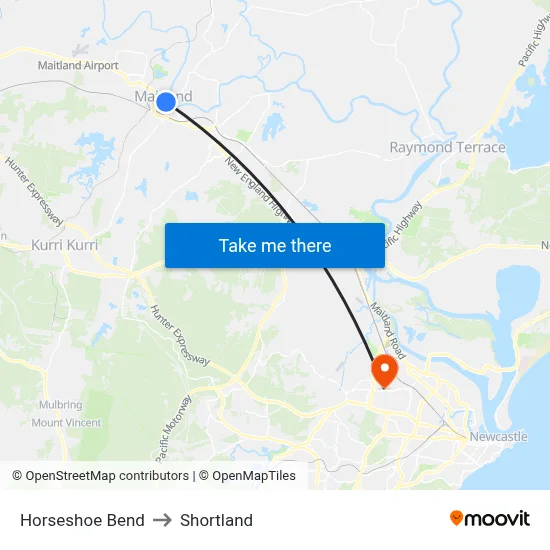 Horseshoe Bend to Shortland map