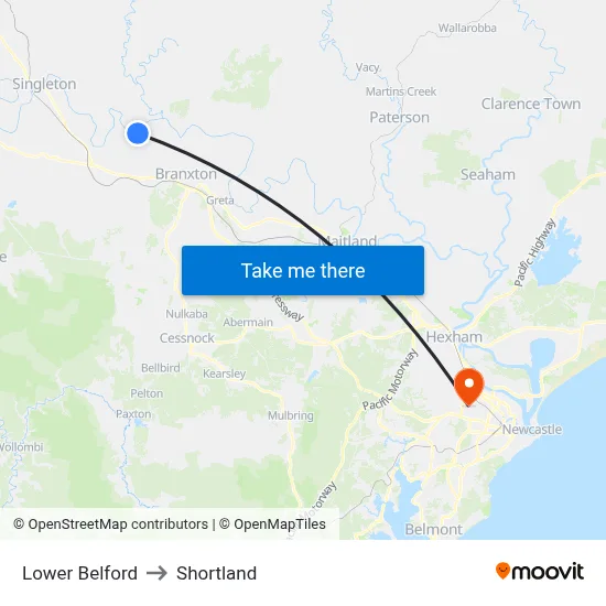 Lower Belford to Shortland map