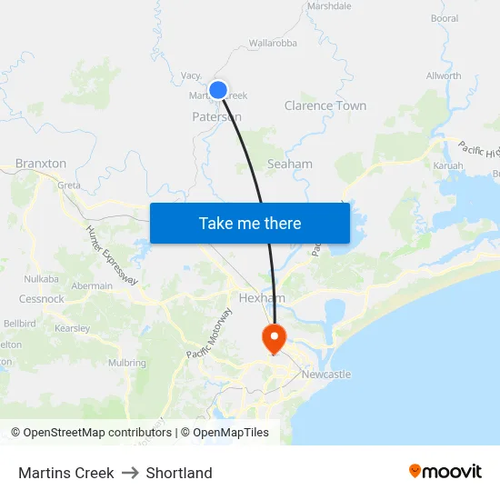 Martins Creek to Shortland map