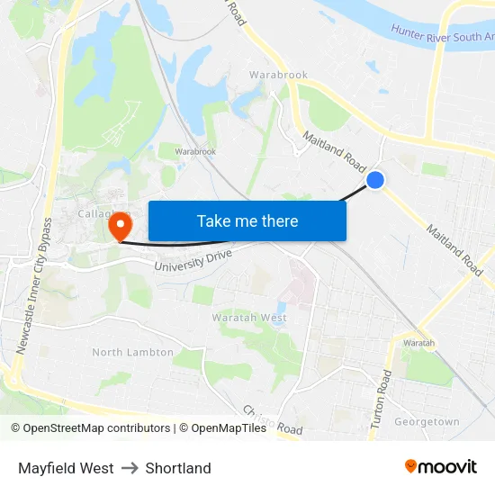 Mayfield West to Shortland map