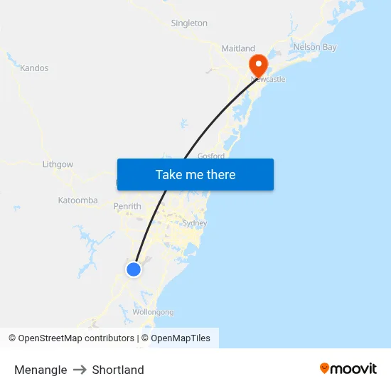 Menangle to Shortland map
