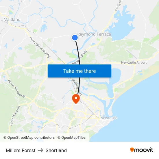 Millers Forest to Shortland map