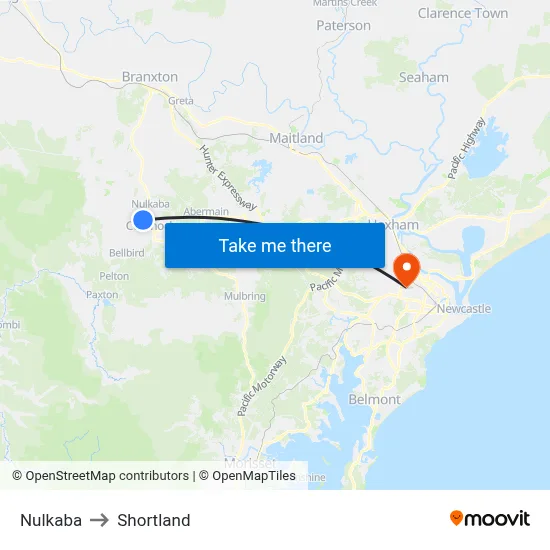 Nulkaba to Shortland map