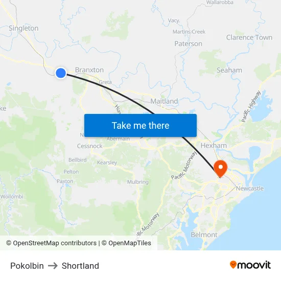 Pokolbin to Shortland map
