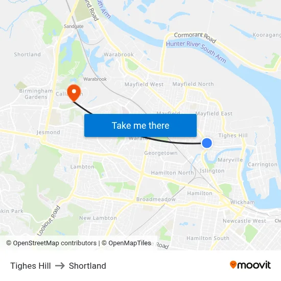 Tighes Hill to Shortland map