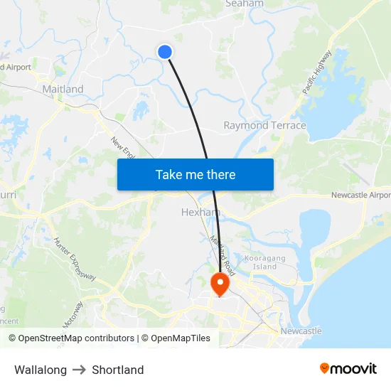 Wallalong to Shortland map