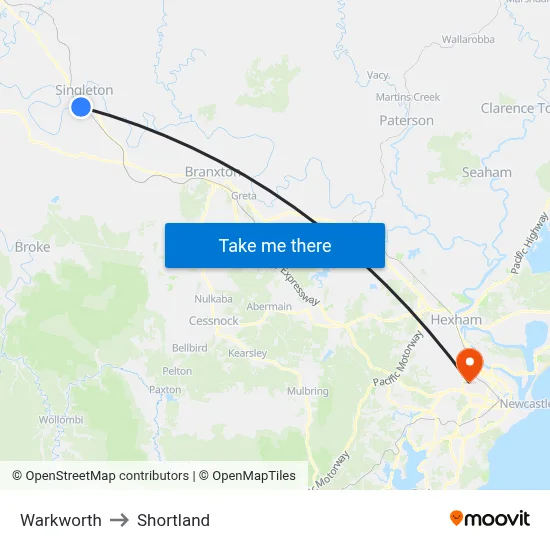 Warkworth to Shortland map