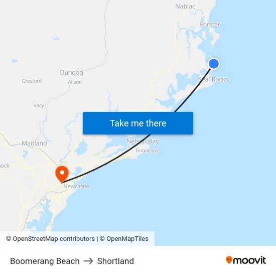 Boomerang Beach to Shortland map