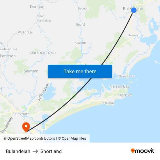 Bulahdelah to Shortland map