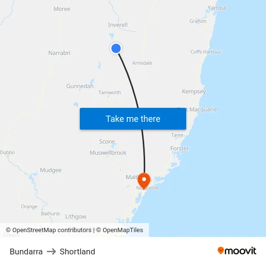 Bundarra to Shortland map