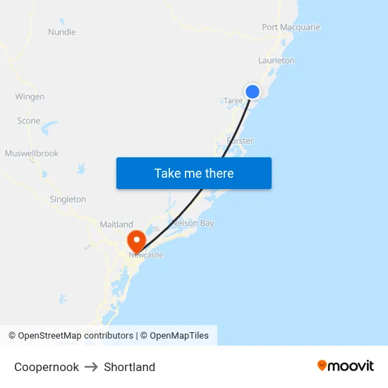 Coopernook to Shortland map