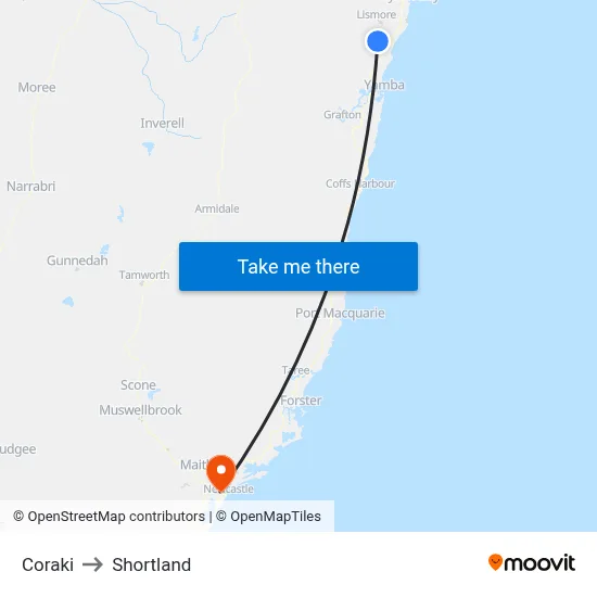 Coraki to Shortland map