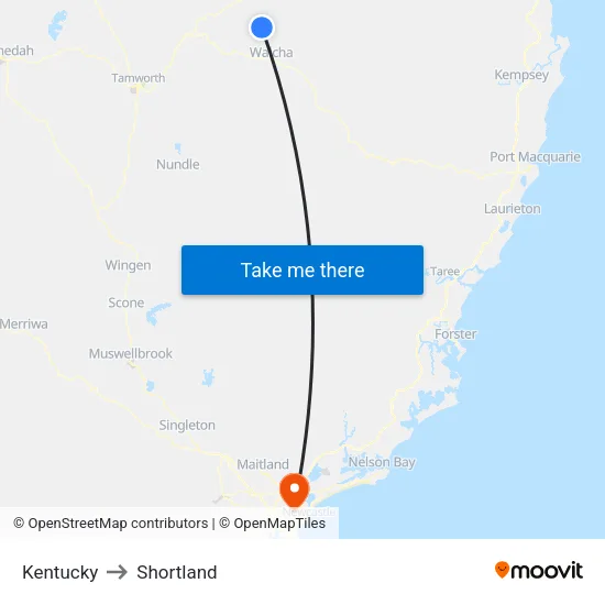 Kentucky to Shortland map
