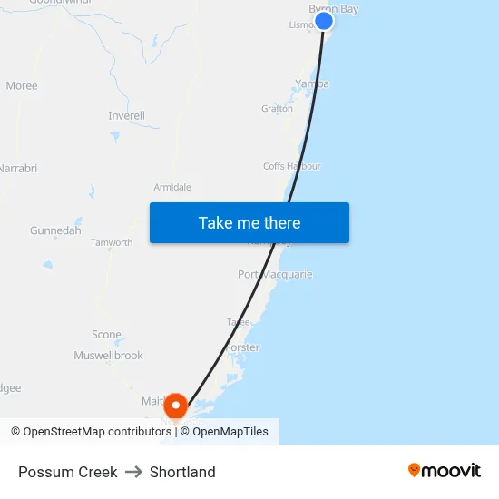 Possum Creek to Shortland map