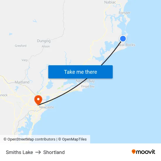 Smiths Lake to Shortland map