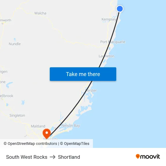 South West Rocks to Shortland map