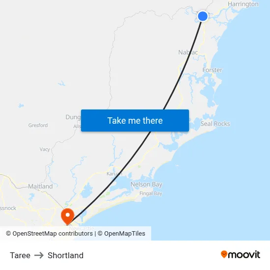 Taree to Shortland map