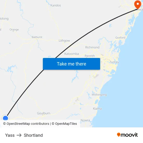 Yass to Shortland map
