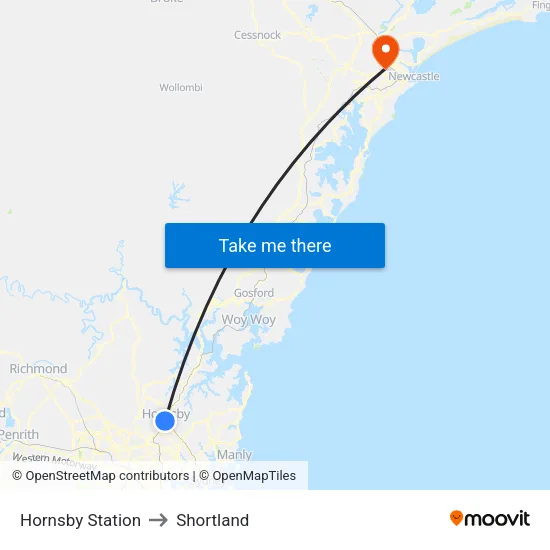 Hornsby Station to Shortland map