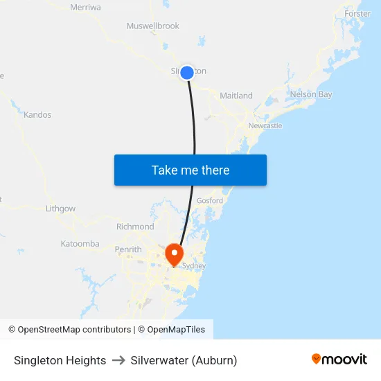 Singleton Heights to Silverwater (Auburn) map