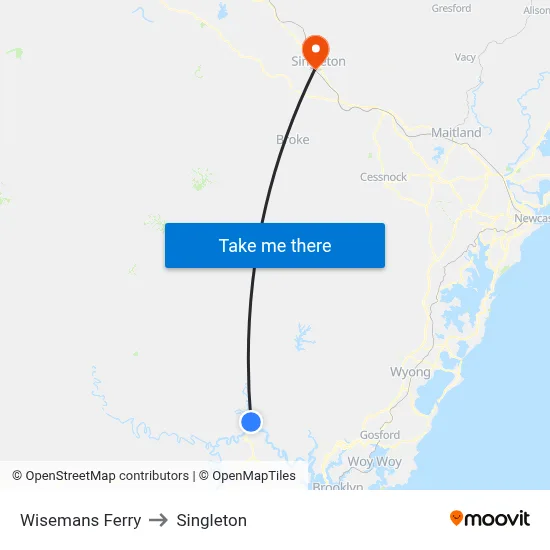 Wisemans Ferry to Singleton map