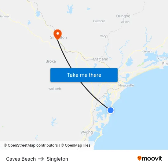 Caves Beach to Singleton map