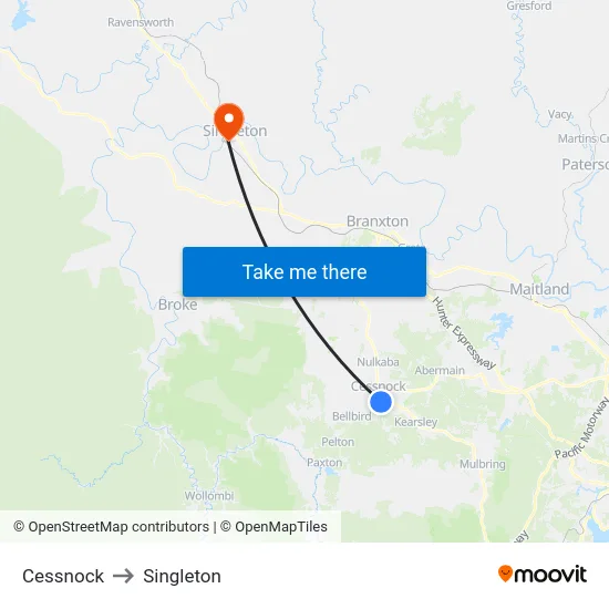 Cessnock to Singleton map