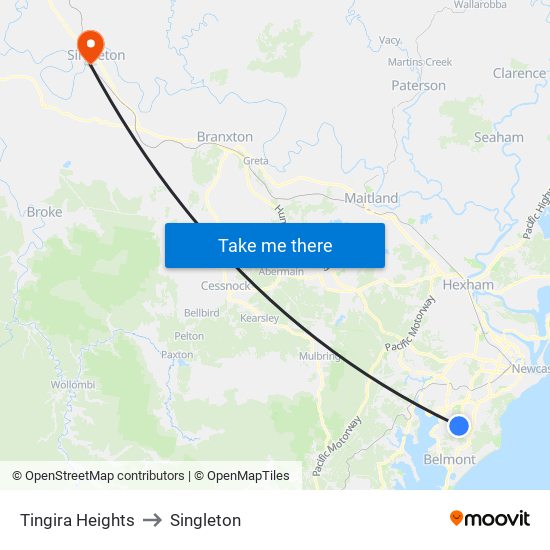 Tingira Heights to Singleton map