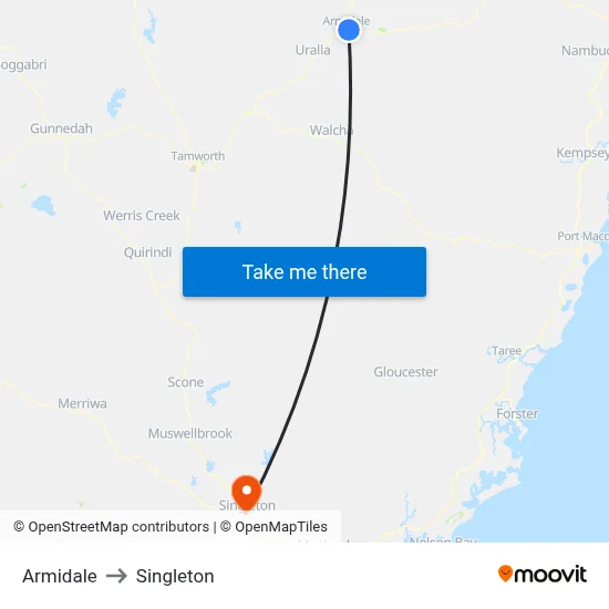 Armidale to Singleton map