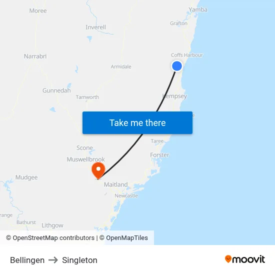 Bellingen to Singleton map