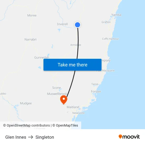 Glen Innes to Singleton map