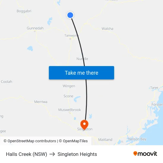 Halls Creek (NSW) to Singleton Heights map