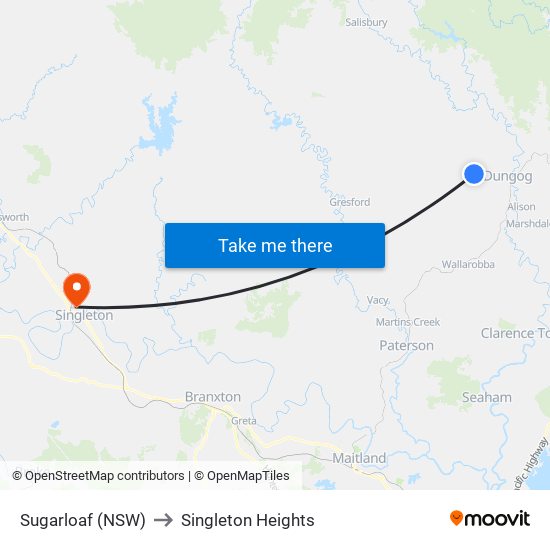 Sugarloaf (NSW) to Singleton Heights map