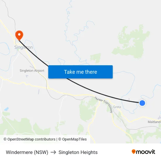 Windermere (NSW) to Singleton Heights map