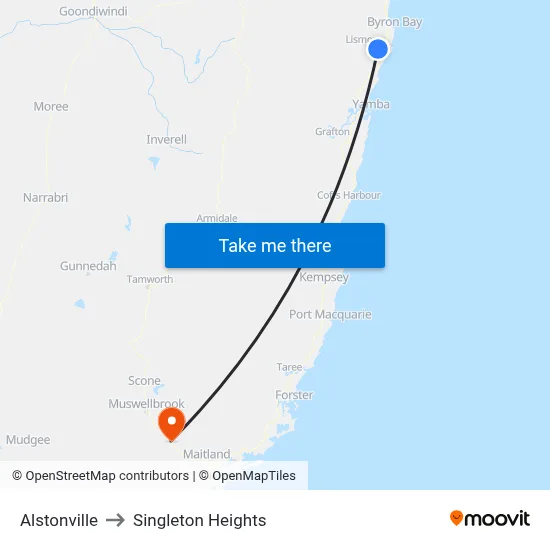 Alstonville to Singleton Heights map