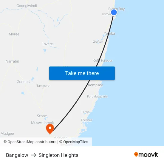Bangalow to Singleton Heights map