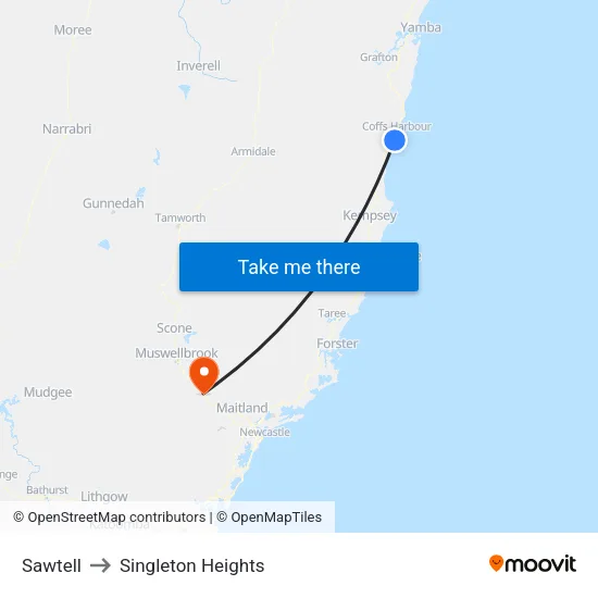 Sawtell to Singleton Heights map